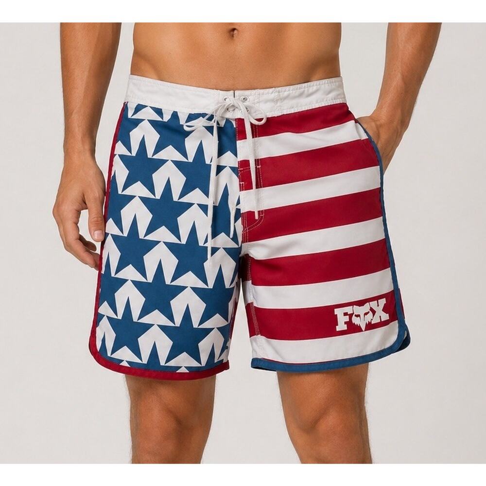 Fox Racing Board Shorts Swim Suit Red White Blue American USA Flag Size 34